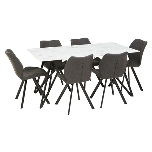 FURCO Nordic Glass Dining Table with White Marble Top and 6 Grey Leather Chairs