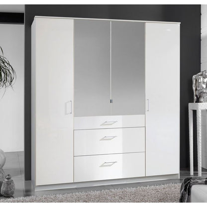 Clappen White Gloss 4-Door Wardrobe with Mirrored Doors and 3 Drawers for Stylish Storage