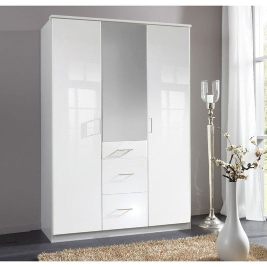 Clappen White Gloss 3 Door 3 Drawer Mirrored Wardrobe | High-Shine Organization