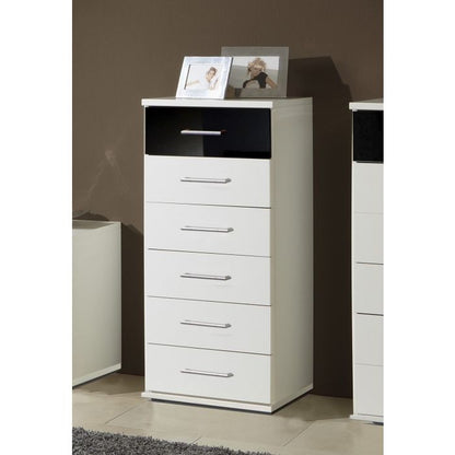 Gema 6 Drawer Narrow Chest | White & Black Gloss | Sleek Storage | Furco