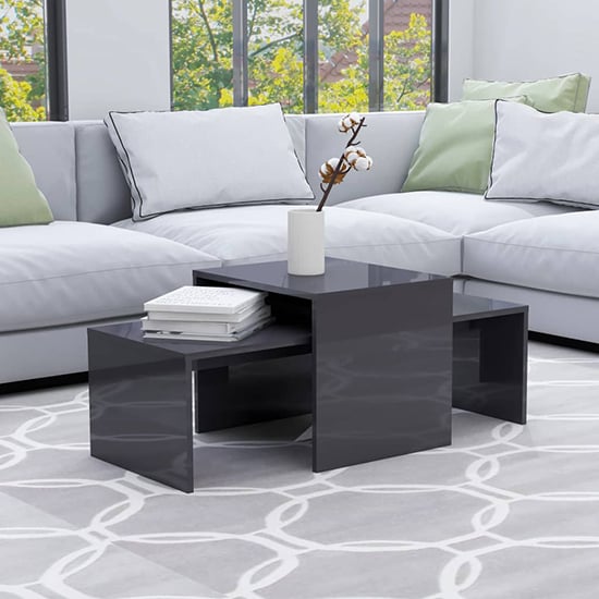 Set of 2 Grey High Gloss Coffee Tables with Hidden Storage