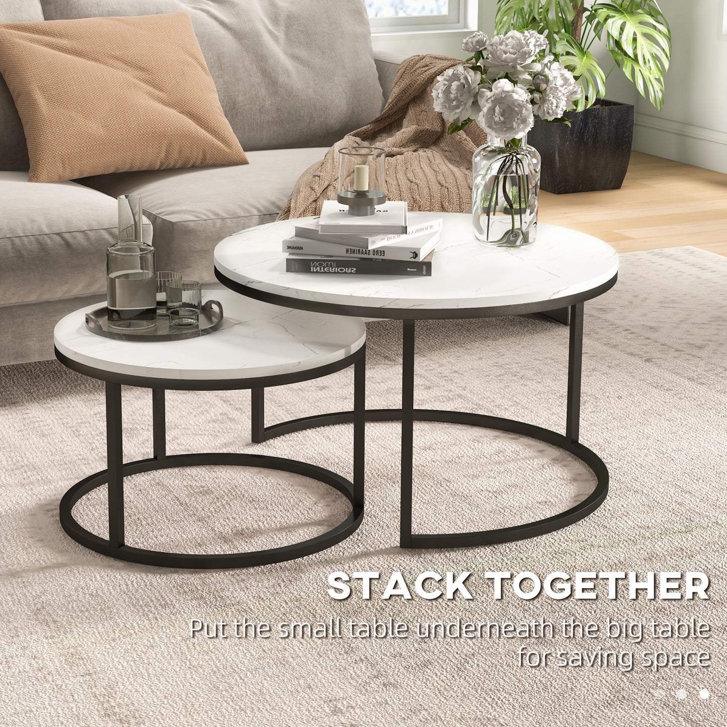 HOMCOM et of Two Marble-Effect Stacking Tables - Black/White