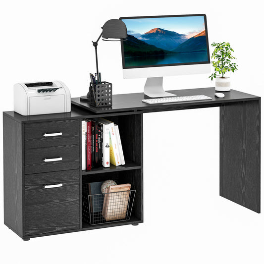 HOMCOM -Shaped Computer Desk, 2 Shaped Corner Desk with Drawers, File Cabinet and Storage Shelves, Home Office Desk, 117 x 83.5 x 76cm, Black