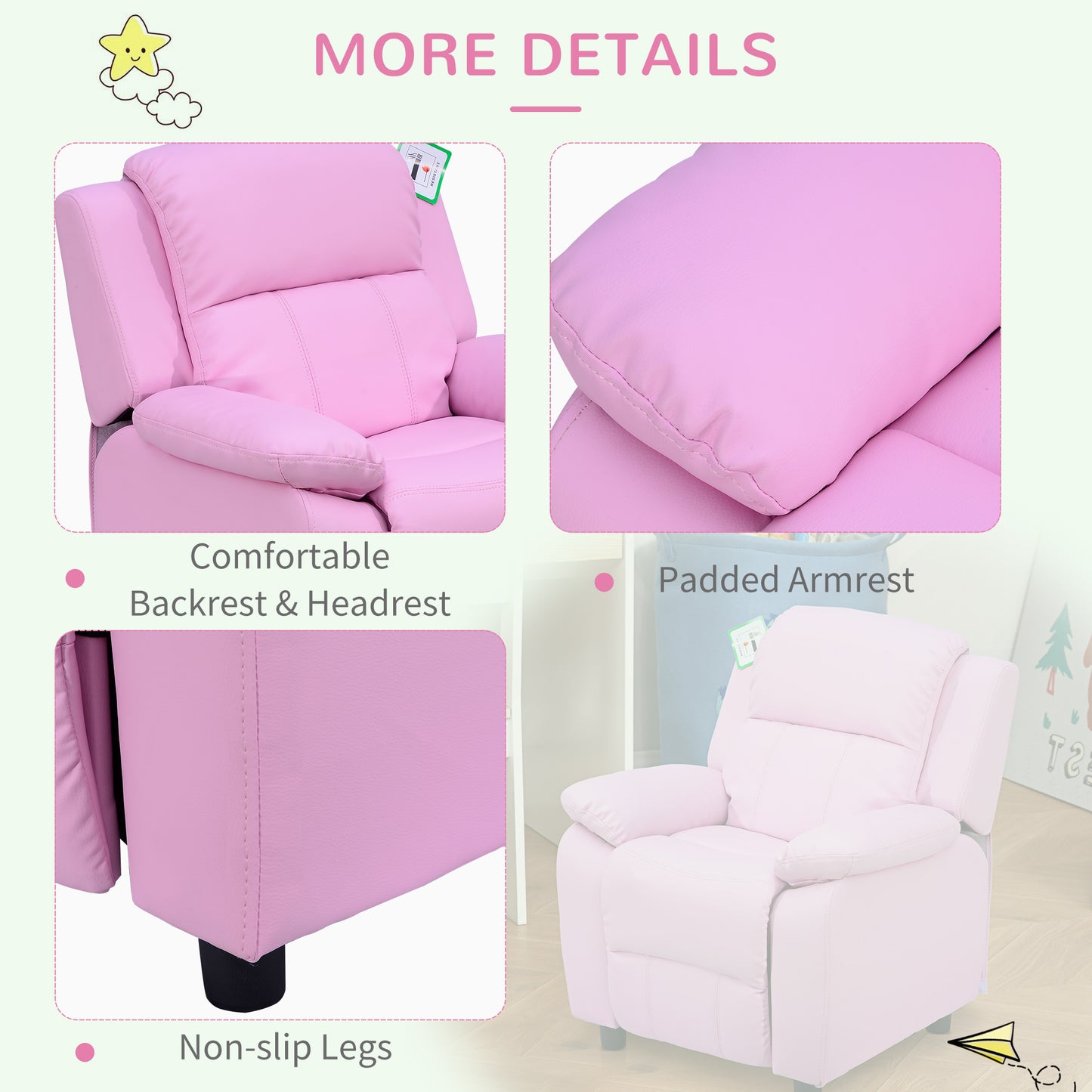 HOMCOM ids Sofa Armchair Toddler Recliner Children's Chair Lounger Games Chair PU Leather w/ Storage (Pink)