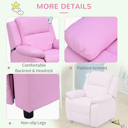 HOMCOM ids Sofa Armchair Toddler Recliner Children's Chair Lounger Games Chair PU Leather w/ Storage (Pink)