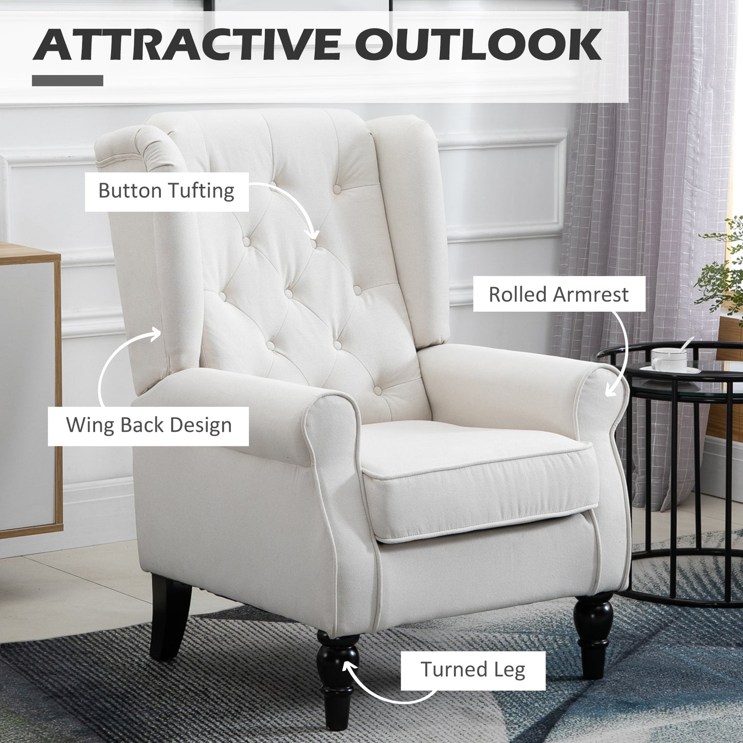 HOMCOM ingback Accent Chair, Retro Upholstered Button Tufted Occasional Chair for Living Room and Bedroom, Cream White