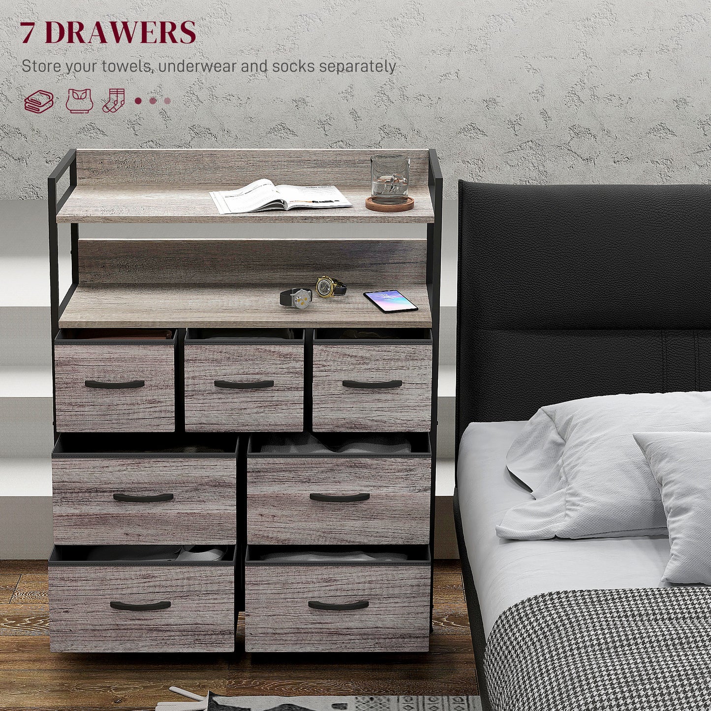 HOMCOM ustic Chest of Seven Fabric Drawers - Grey Wood Effect