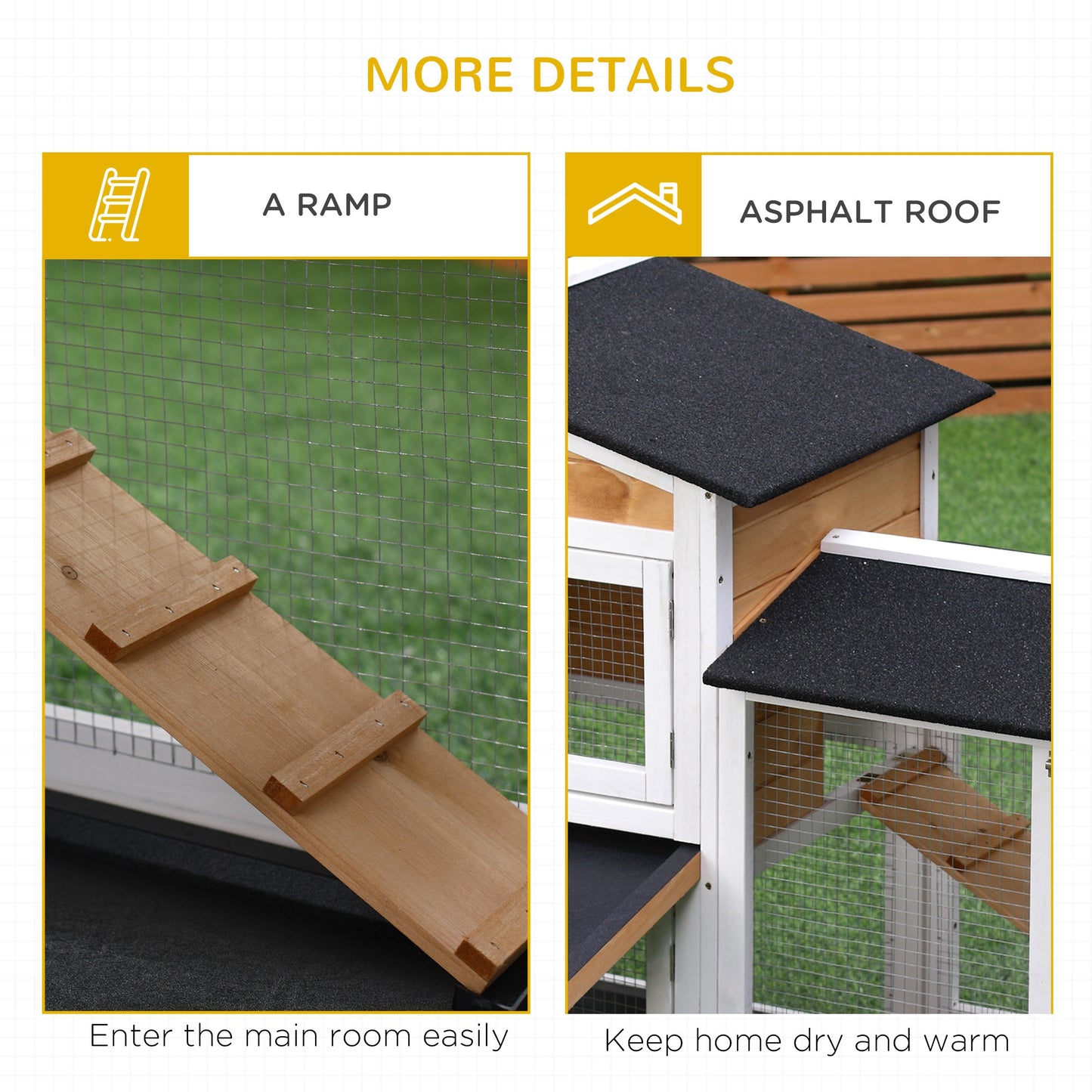 PawHut Rabbit Hutch Guinea Pig Hutch Wooden House with Run, 2 Tier Pet Cage Outdoor with No-leak Plastic Trays, 157.4 x 53 x 93.5cm, Yellow