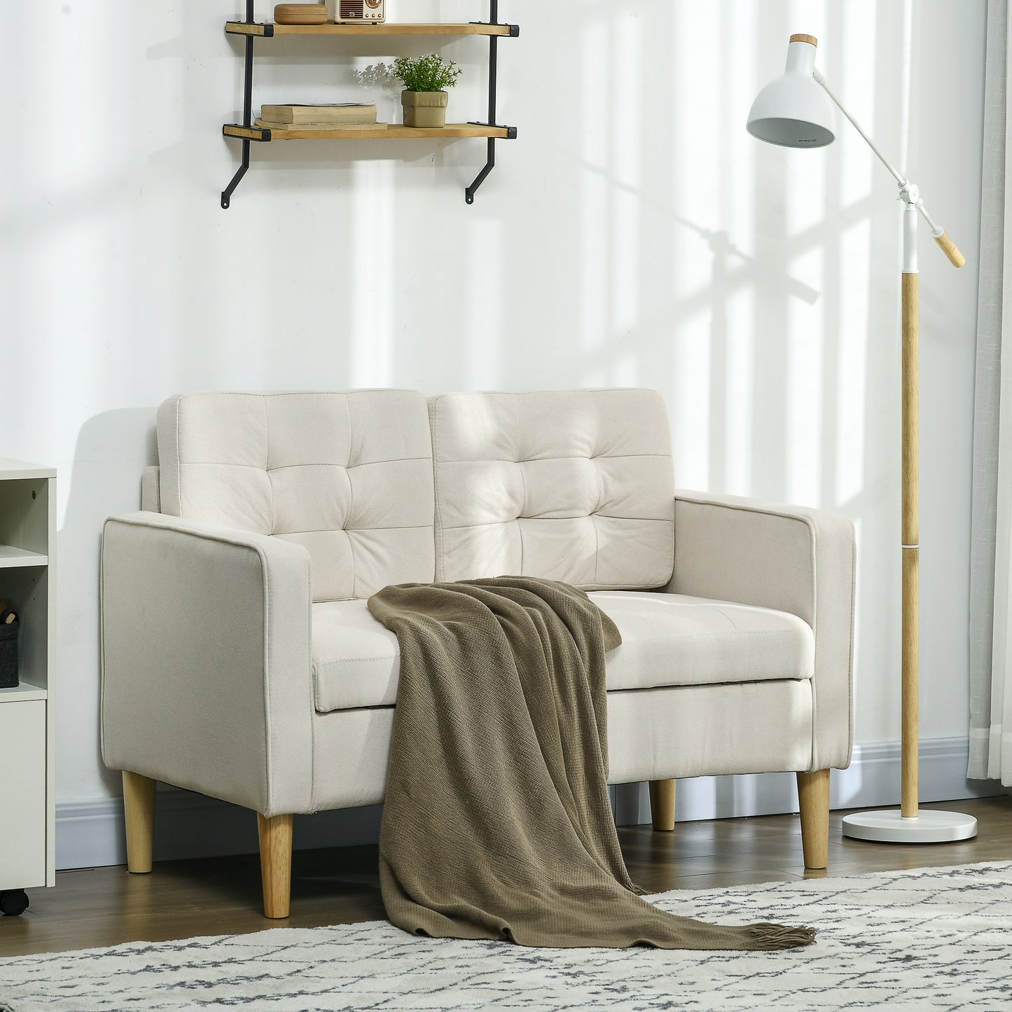 HOMCOM odern Loveseat Sofa, Compact 2 Seater Sofa with Hidden Storage, 117cm Tufted Cotton Couch with Wood Legs, Cream White