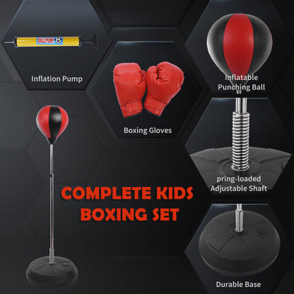 HOMCOM ids Training Boxing Punch Ball Set 125-145H x ?43cm with Gloves Air Pump Adjustable Height Freestanding Exercise Training for Kids and Teenagers