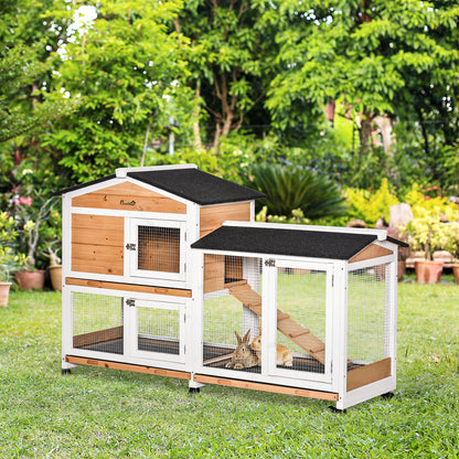 PawHut Rabbit Hutch Outdoor with Run Guinea Pig Hutch 2-Tier Bunny Cage w/ Wheels No-Leak Plastic Tray 157.4 x 53 x 99.5 cm - Yellow