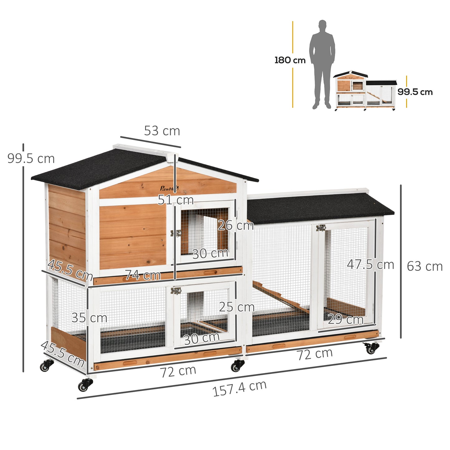 PawHut Rabbit Hutch Outdoor with Run Guinea Pig Hutch 2-Tier Bunny Cage w/ Wheels No-Leak Plastic Tray 157.4 x 53 x 99.5 cm - Yellow