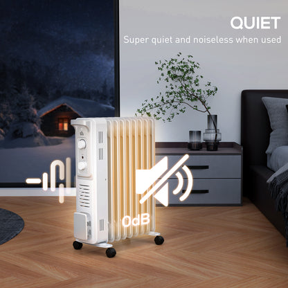 HOMCOM 000W Quiet Oil Filled Radiator, 9 Fin Energy Efficient Portable Electric Heater with 3 Heat Settings, Adjustable Thermostat, Safety Tip Over, Overheat Protection, for Home, White