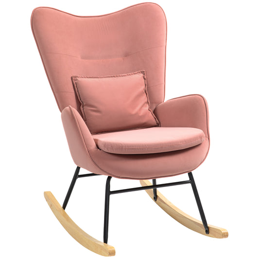 HOMCOM elvet Rocking Chair Armchair with Lumbar Pillow, Metal Legs and Wood Base for Living Room, Bedroom, Pink