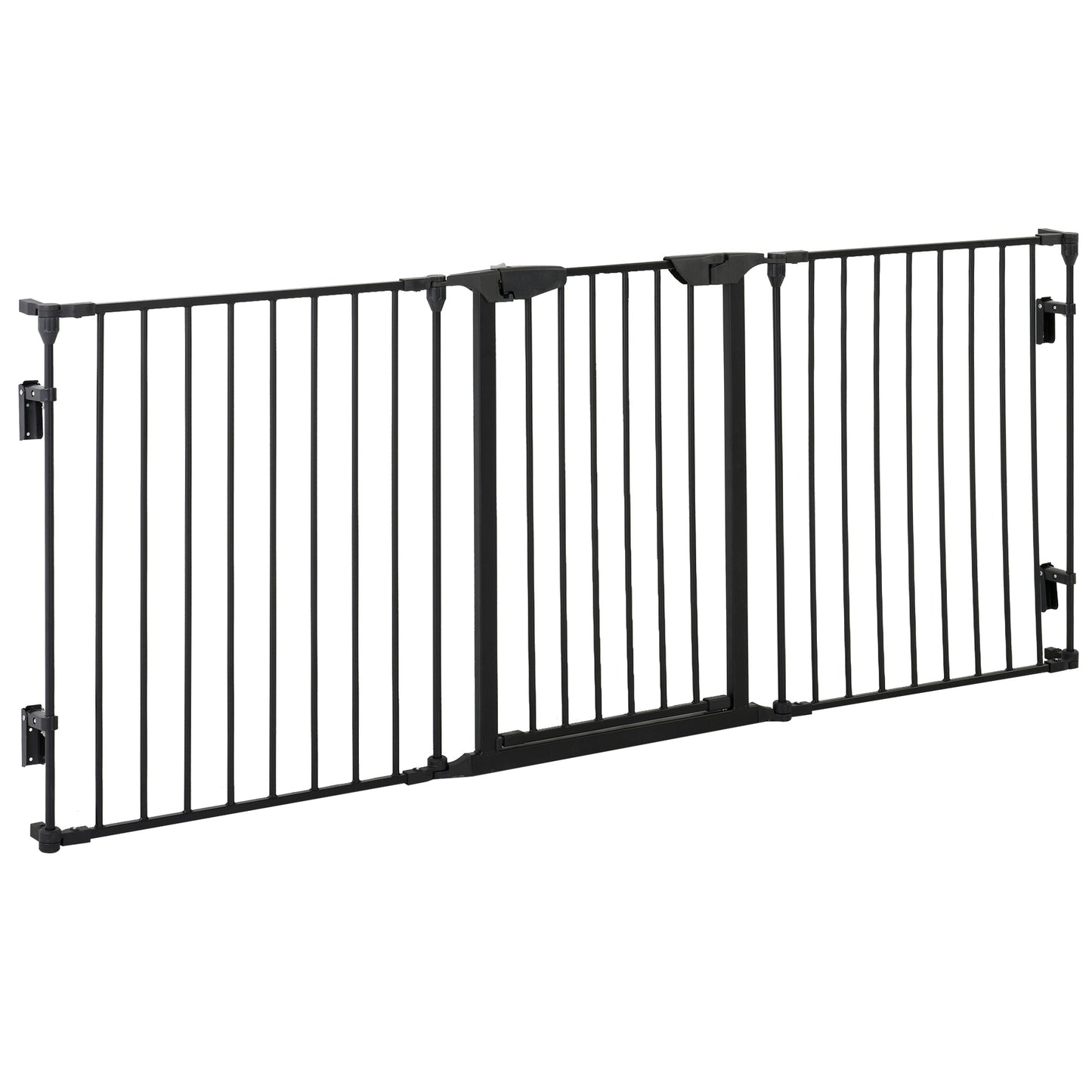 PawHut Pet Safety Gate, 3 Panels Playpen Fireplace, Metal Fence, Stair Barrier, Room Divider w/ Walk-Through Door - Black