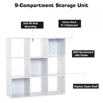 HOMCOM ooden 9 Cube Storage Cabinet Unit 3 Tier Bookcase Shelves Organiser Rack Display - White