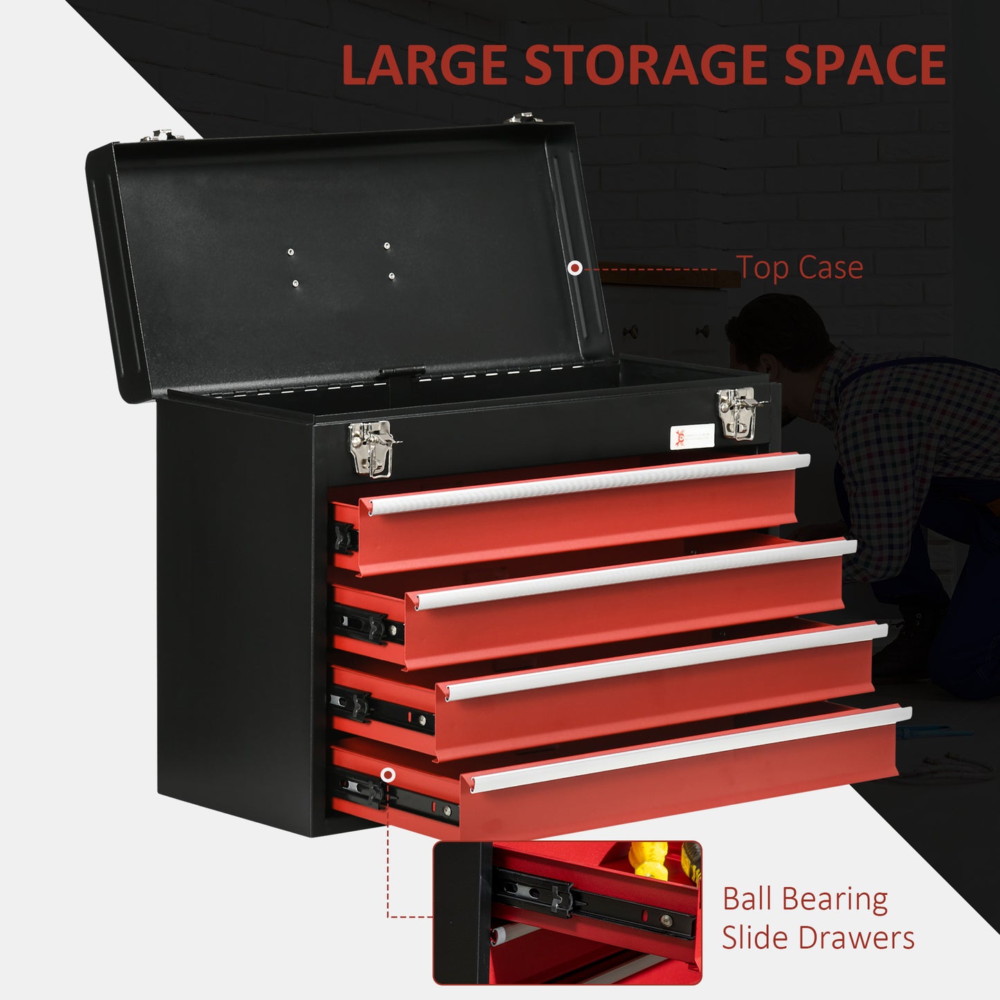 DURHAND 4 Drawer Tool Chest, Lockable Metal Tool Box with Ball Bearing Runners, Portable Toolbox, 510mm x 220mm x 395mm, Black