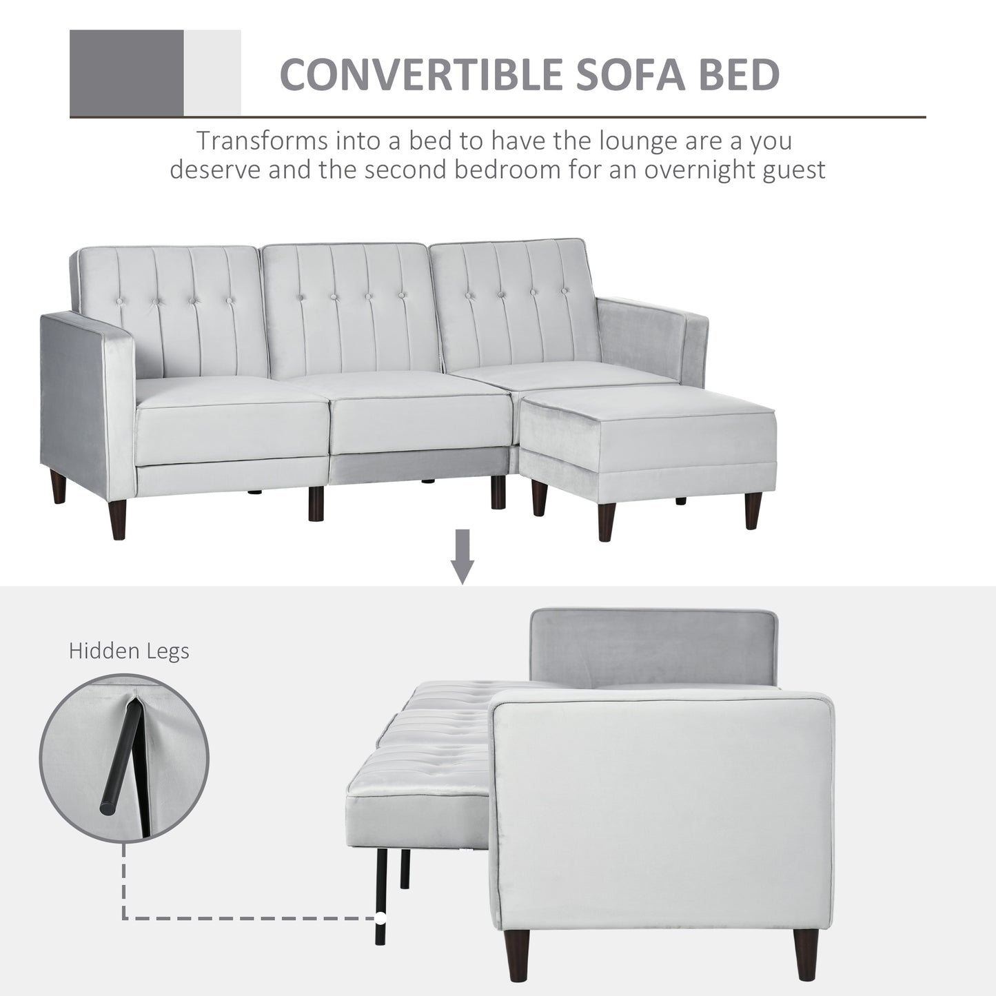 HOMCOM L Shape Sofabed with 3-Seater Sofa and Footstool, Corner Sofa Bed with Ottoman, Light Grey Velvet Fabric