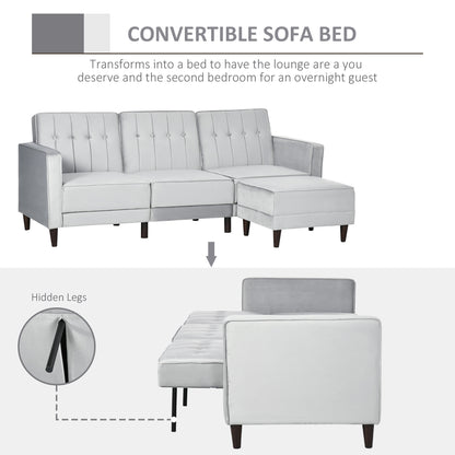 HOMCOM L Shape Sofabed with 3-Seater Sofa and Footstool, Corner Sofa Bed with Ottoman, Light Grey Velvet Fabric