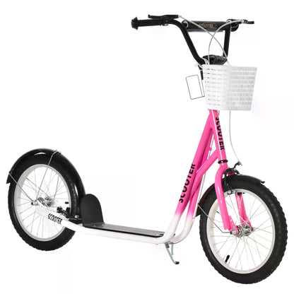 HOMCOM ids Scooter Teen Ride On Children Scooter with Adjustable Handlebar 2 Brakes Basket Cupholder Mudguard 16" Inflatable Rubber Tyres for 5-12 years old Pink