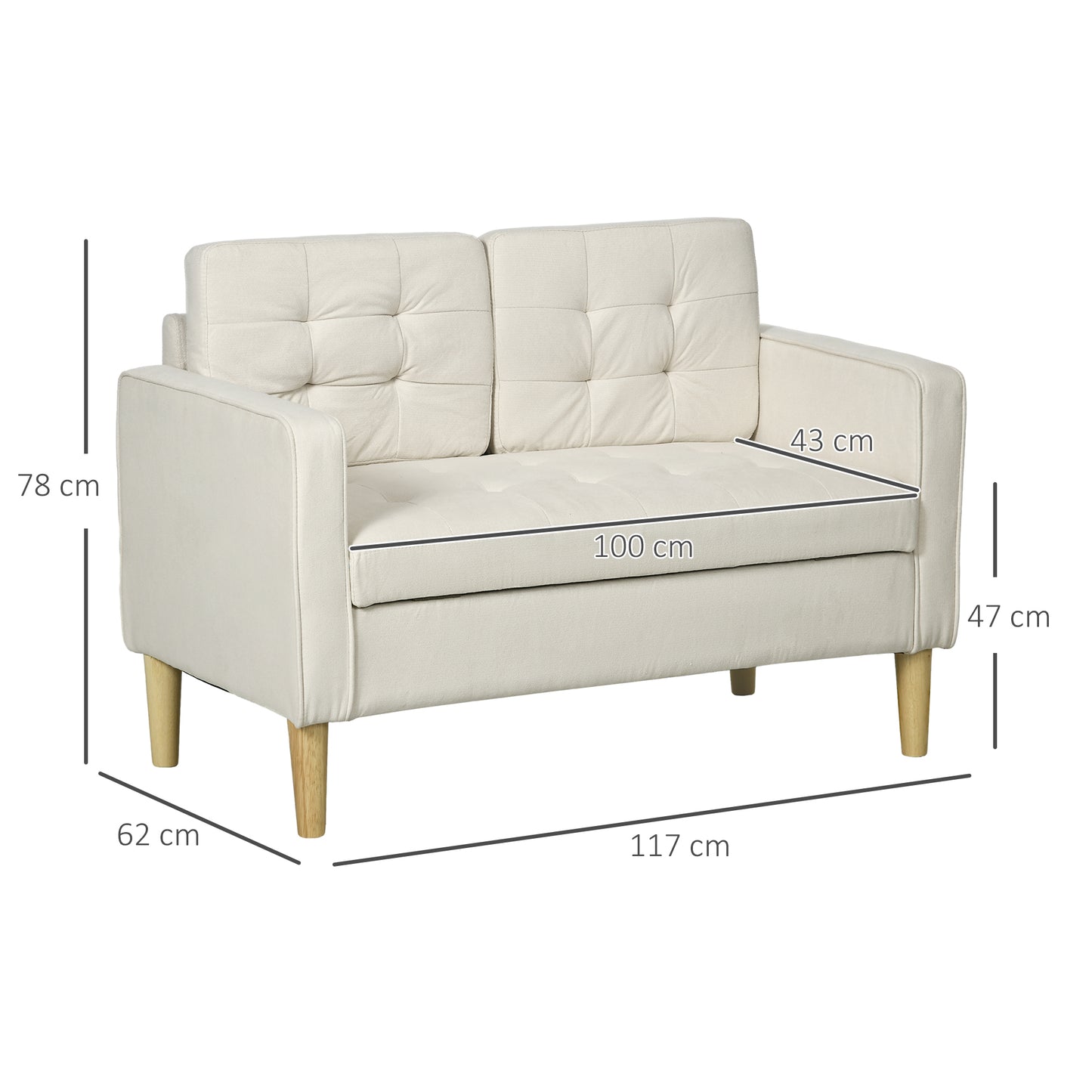 HOMCOM odern Loveseat Sofa, Compact 2 Seater Sofa with Hidden Storage, 117cm Tufted Cotton Couch with Wood Legs, Cream White