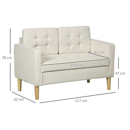 HOMCOM odern Loveseat Sofa, Compact 2 Seater Sofa with Hidden Storage, 117cm Tufted Cotton Couch with Wood Legs, Cream White