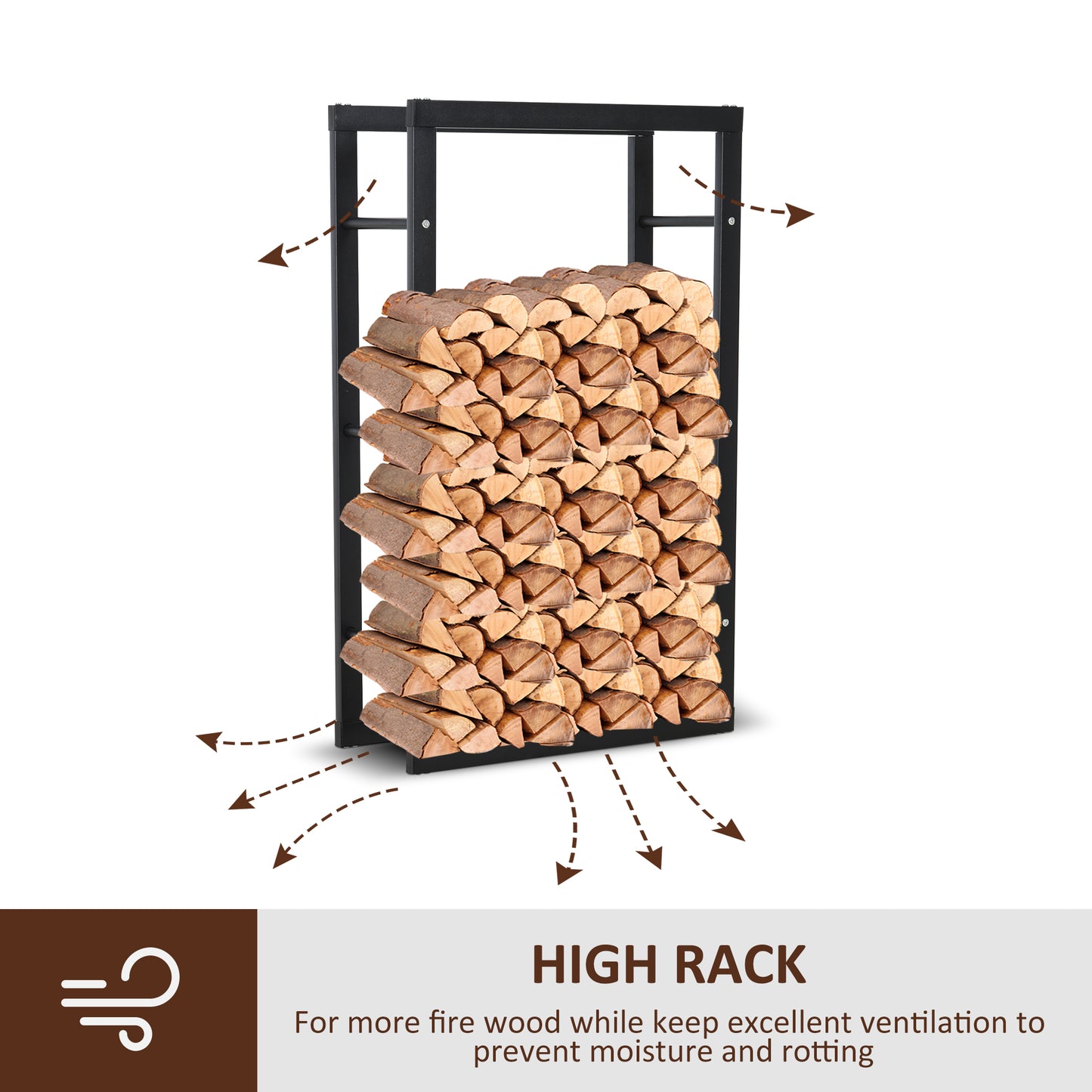 HOMCOM etal Firewood Log Holder Tall Firewood Rack Indoor Outdoor Fireplace Wood Storage Shelf with Side Rails, Rust-Resistant, Black, 60W x 25D x 100H cm