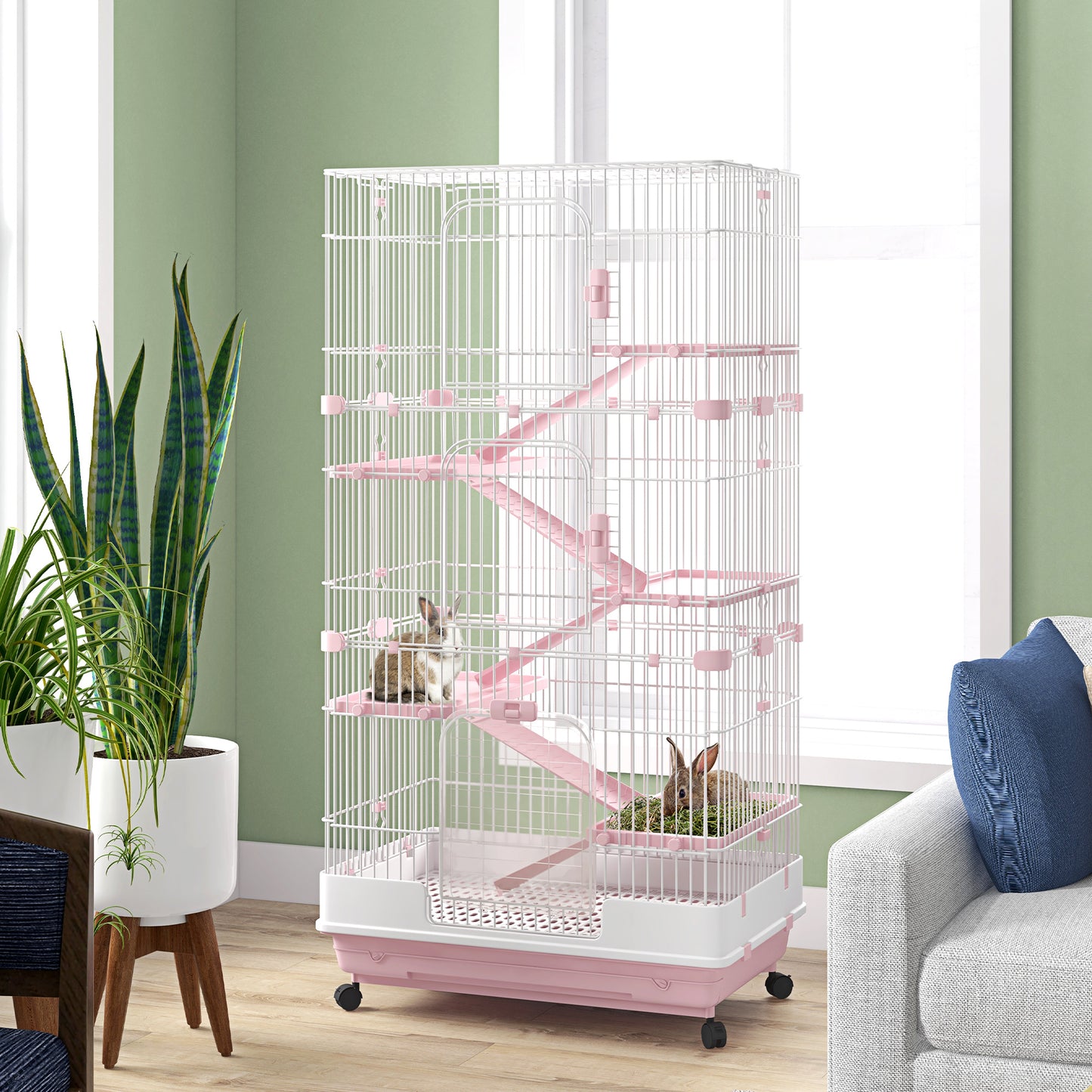 PawHut Six-Tier Small Animal Cage, for Bunnies, Ferrets, Chinchillas w/ Wheels, Tray - Pink