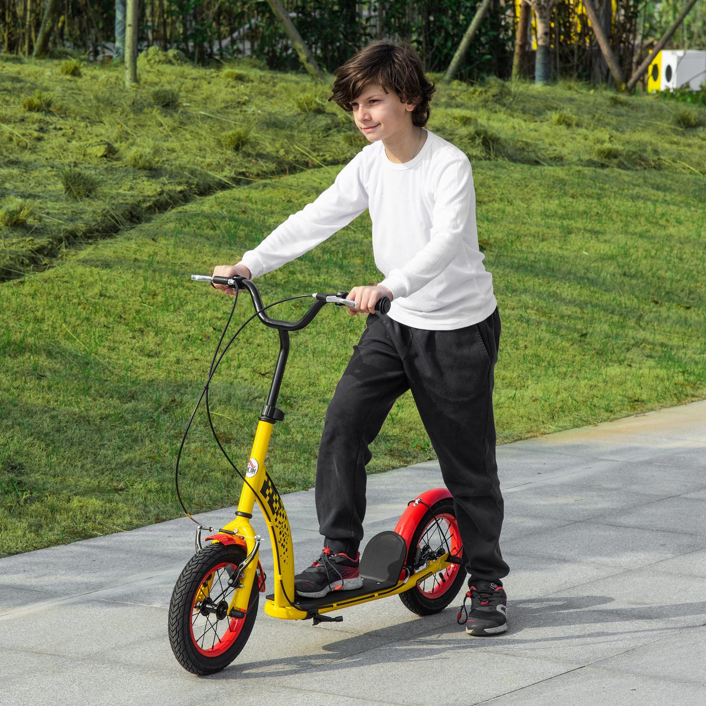 HOMCOM ids Kick Scooter, w/ Adjustable Height, Front Rear Dual Brakes, 12 Inch Inflatable Rubber Wheels, for Ages 5+ Years - Yellow