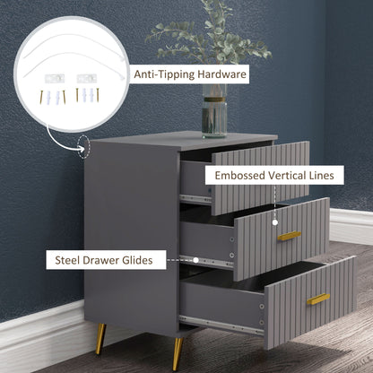 HOMCOM hree Drawer Embossed Line Dresser - Grey/Gold Tone