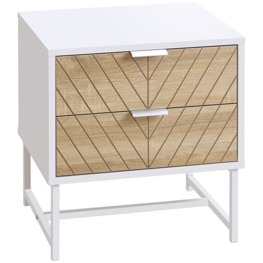 HOMCOM odern Bedside Table with 2 Drawers and Metal Frame, Sofa Side Table for Bedroom Living Room, White and Oak