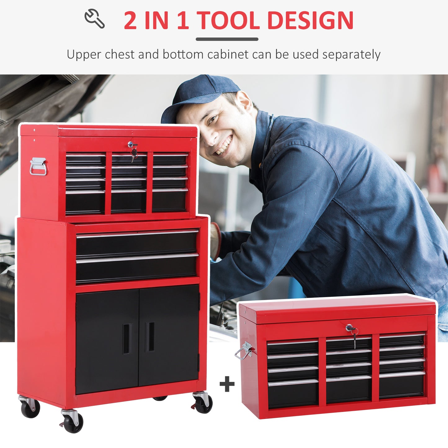 HOMCOM ool Chest, Metal Tool Cabinet on Wheels with 6 Drawers, Pegboard, Top Chest and Roller Cabinet Combo, 61.6 x 33 x 108cm, Red