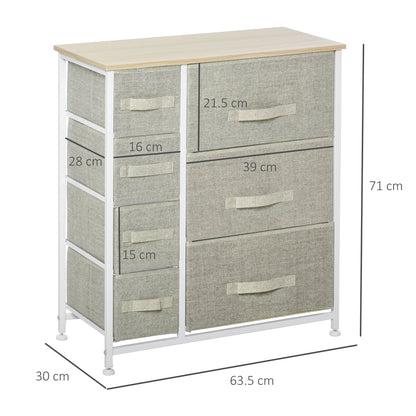 HOMCOM ertical 7 Linen Drawers Cabinet Organizer Storage Dresser Tower with Metal Frame Adjustable Feet for Living Room, Bathroom, Kitchen, White, Oak and Light Grey