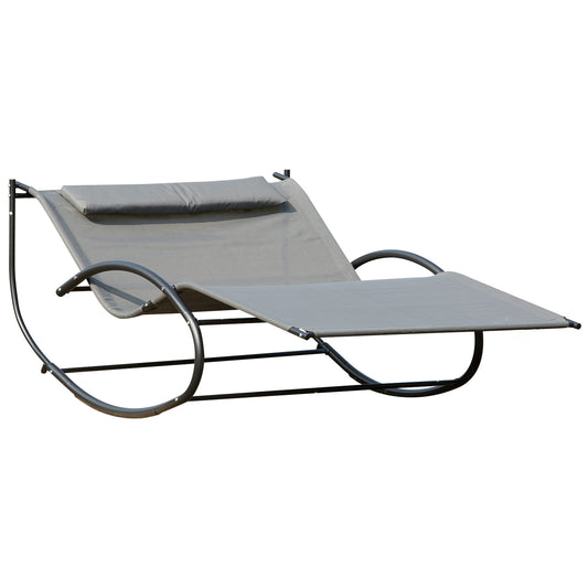 Outsunny Double Sun Lounger, Rocking Lounger Sunbed Daybed with Armrest and Headrest Pillow, for Two, For Outdoor Patio Garden, Grey