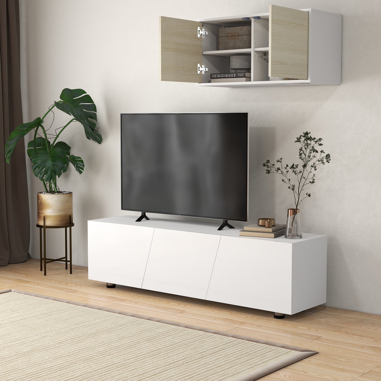 HOMCOM igh Gloss TV Unit, 160cm TV Stand Cabinet for TVs up to 70" with Storage Shelf and Cable Management for Living Room, White