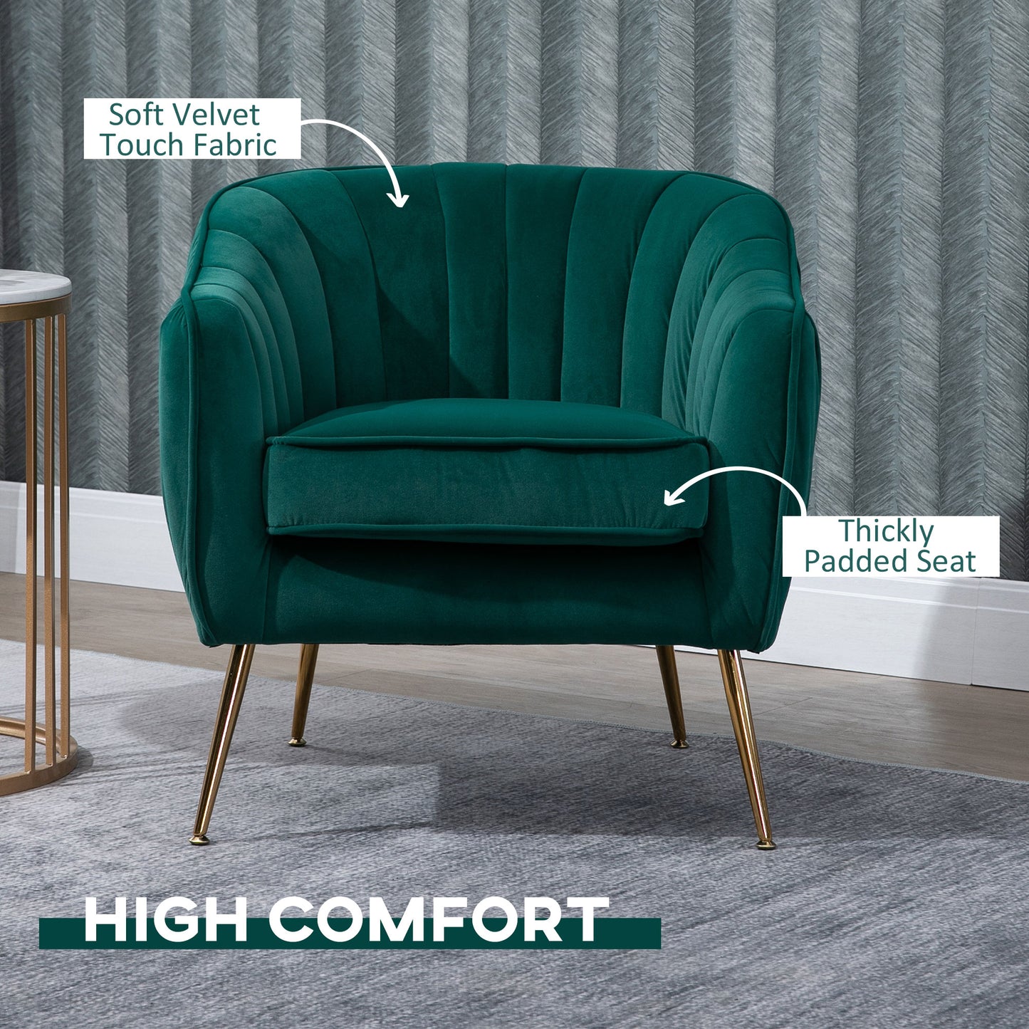 HOMCOM elvet Tub chair, Luxury Accent Chair with Golden Metal Leg, Comfy Upholstered Armchair with Thick Padded Seat for Living Room, Green