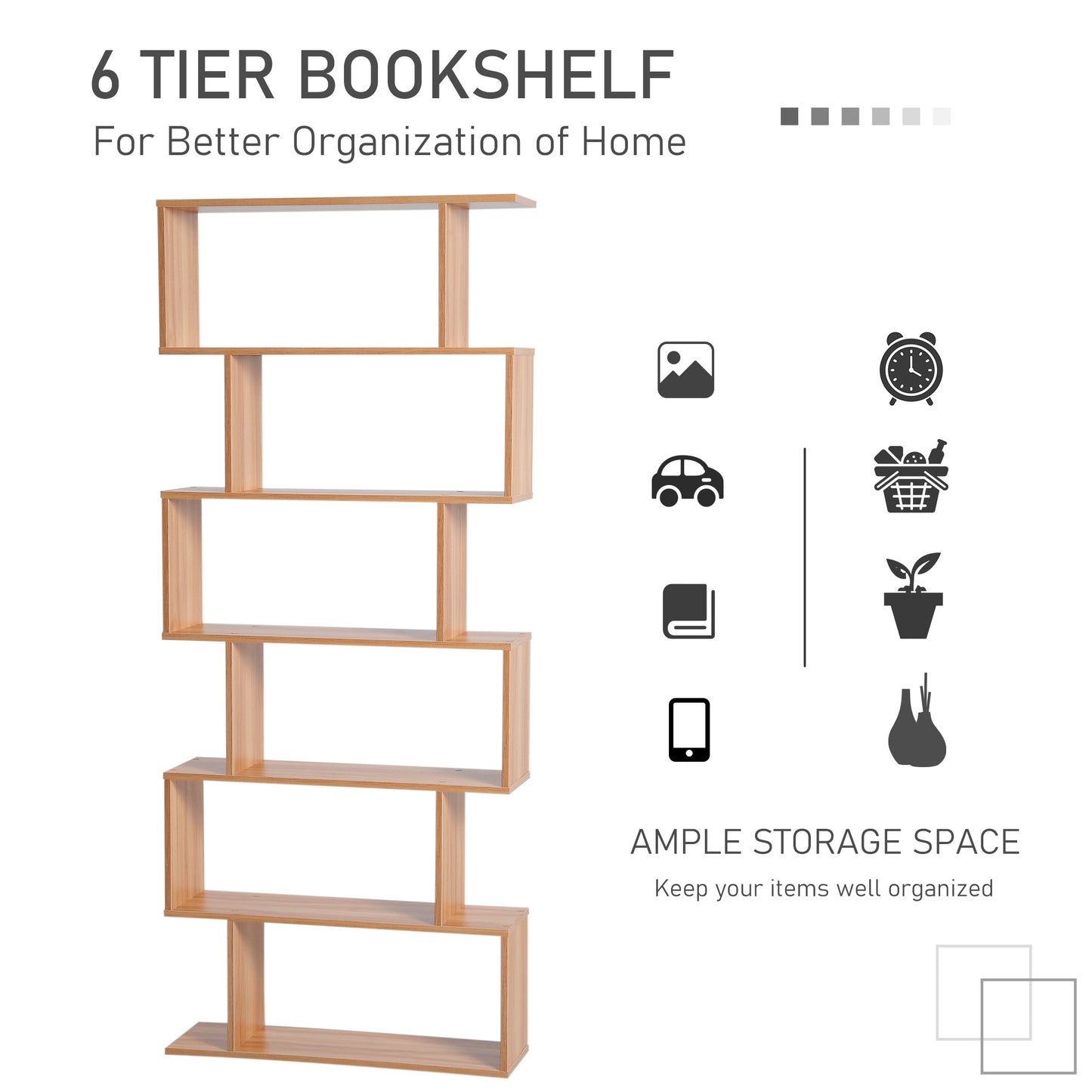 HOMCOM ooden Wood S Shape Storage Display 6 Shelves Room Divider Unit Chest Bookshelf Bookcase Cupboard Cabinet Home Office Furniture (Maple)