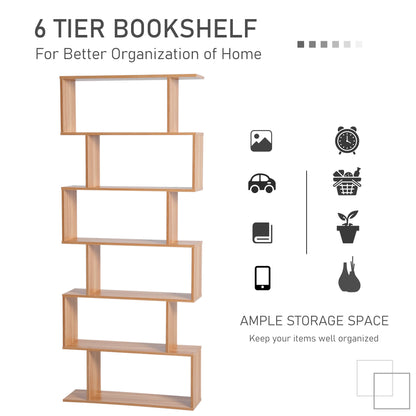 HOMCOM ooden Wood S Shape Storage Display 6 Shelves Room Divider Unit Chest Bookshelf Bookcase Cupboard Cabinet Home Office Furniture (Maple)