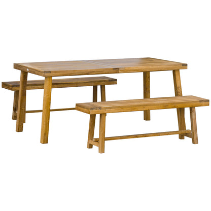 Outsunny 3 Pieces Picnic Bench Set with Table and 2 Benches, Acacia wood Dining Trestle Beer Table and Seat, Natural Wood Finish