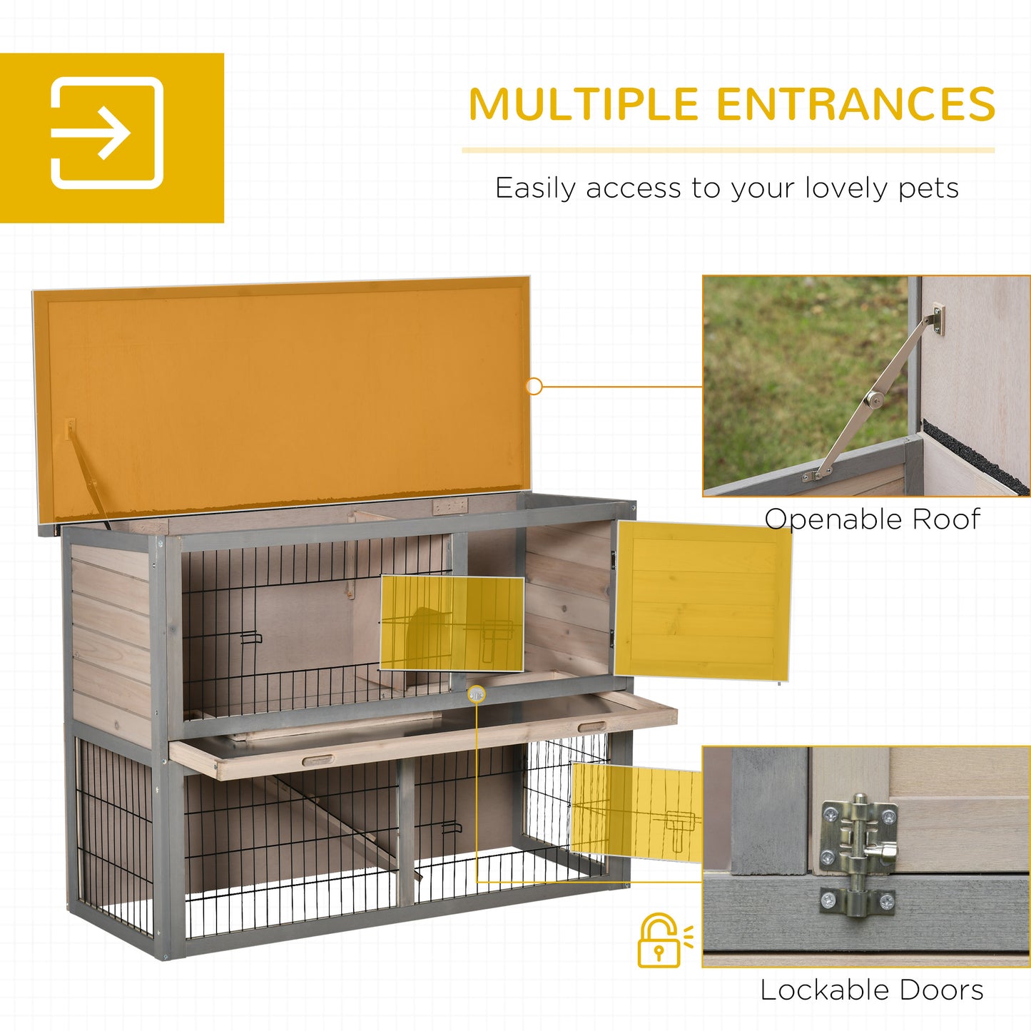 PawHut 2 Tier Wooden Rabbit Hutch Guinea Pig House Bunny Cage Backyard w/ Ramp Outdoor Run Built-in Tray Openable Roof Small Animal House Brown, 108 x 45 x 78 cm