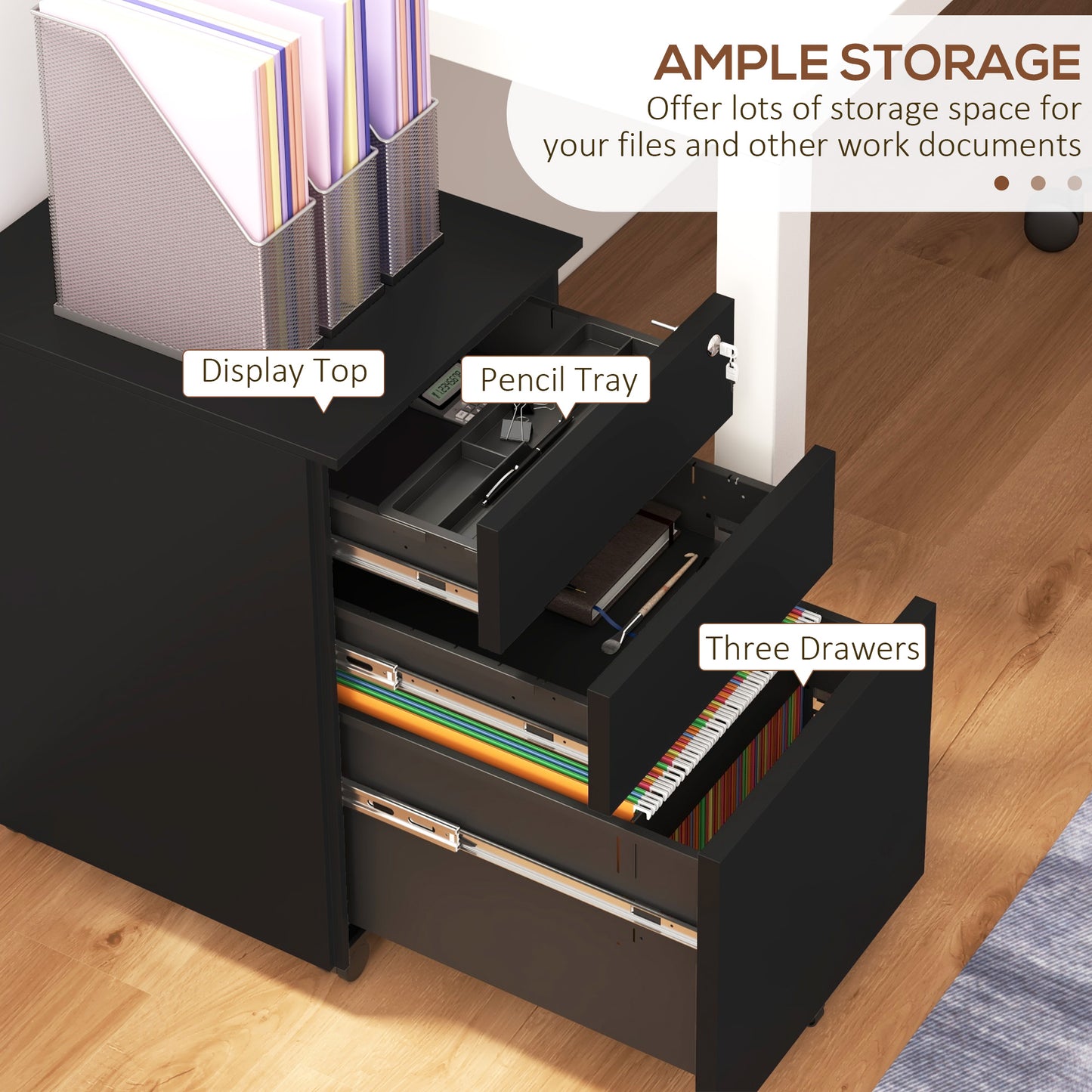 Vinsetto 3-Drawer Vertical Filing Cabinet with Pencil Tray, Lock and 5 Wheels, Steel Mobile File Cabinet, for A4, Legal and Letter Size, Pre-Assembled Body, Black