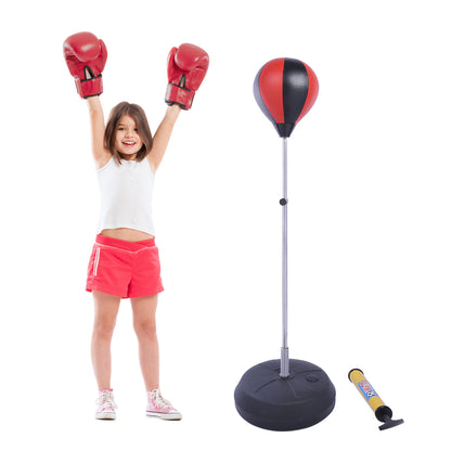 HOMCOM ids Training Boxing Punch Ball Set 125-145H x ?43cm with Gloves Air Pump Adjustable Height Freestanding Exercise Training for Kids and Teenagers