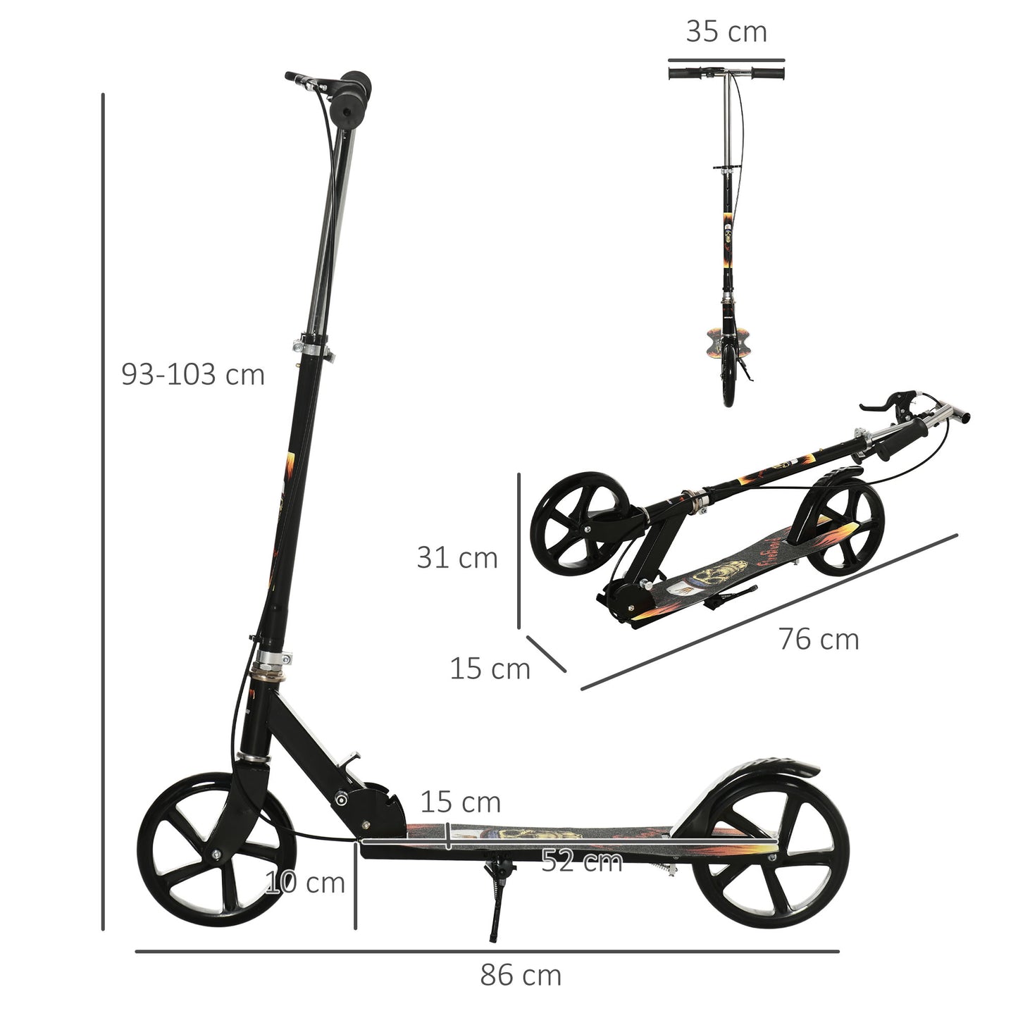 HOMCOM ids Foldable Kick Scooter w/ Adjustable Height, Break, Big Wheels, for Ages 7-14 Years - Black