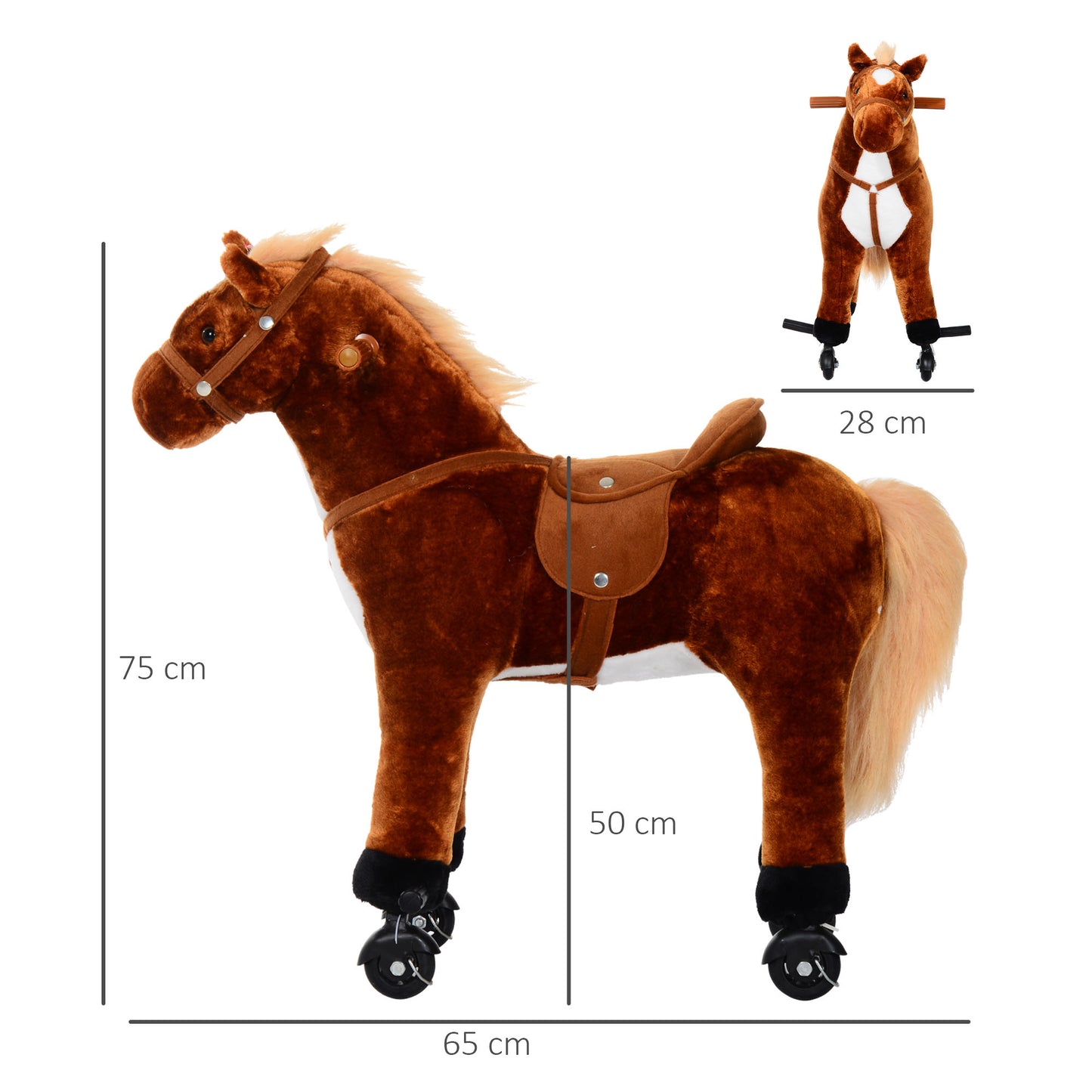 HOMCOM lush Walking Horse Ride On Toy with Wheels and Realistic Sounds Rocking Horse for Girls Boys 3+ Years Old, 50cm Tall, Brown