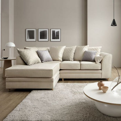 Elegant Cream Velvet Corner Sofa with Hydrophobic Coating and Cushions