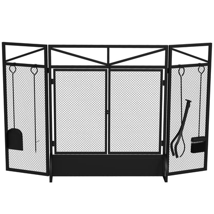 HOMCOM Panel Folding Fire Guard Screen with Fireplace Tool Sets and Front Doors, Freestanding Fire Screen Spark Guard with Feet for Open Fire, Log Burner, Fireplace, 122 x77 cm, Black