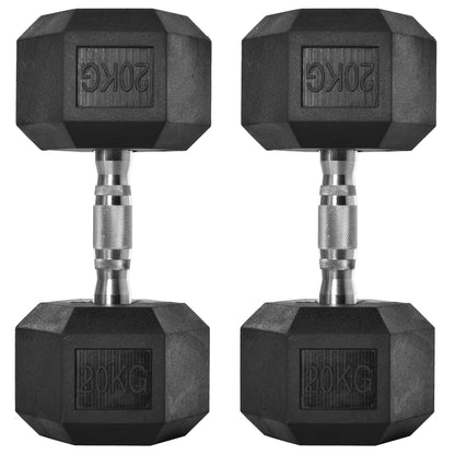 HOMCOM x20kg Rubber Hex Dumbbell Portable Hand Weights Dumbbell Home Gym Workout Fitness Hand Dumbbell