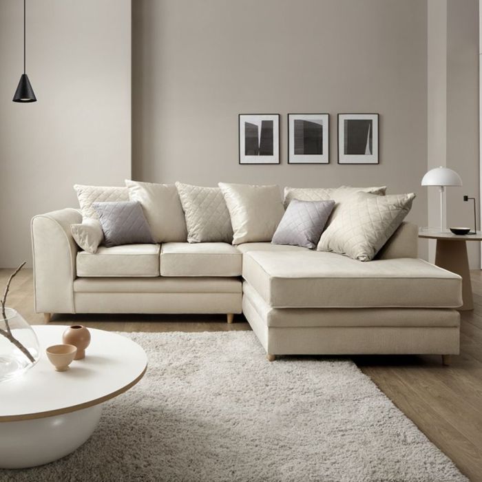 Elegant Cream Velvet Corner Sofa with Hydrophobic Coating and Cushions