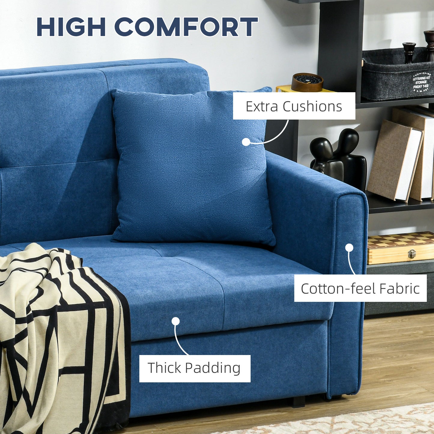 HOMCOM 2 Seater Sofabed, Convertible Bed Settee, Modern Fabric Loveseat Sofa Couch with 2 Cushions, Hidden Storage for Living Room, Guest Room, Deep Blue Fabric