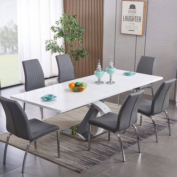 Malcolm White & Grey High Gloss Extending Dining Table with Stainless Steel Base